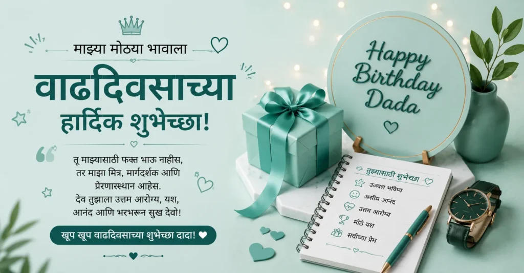 Big brother birthday wishes in Marathi with elegant gift, birthday message and premium decorations