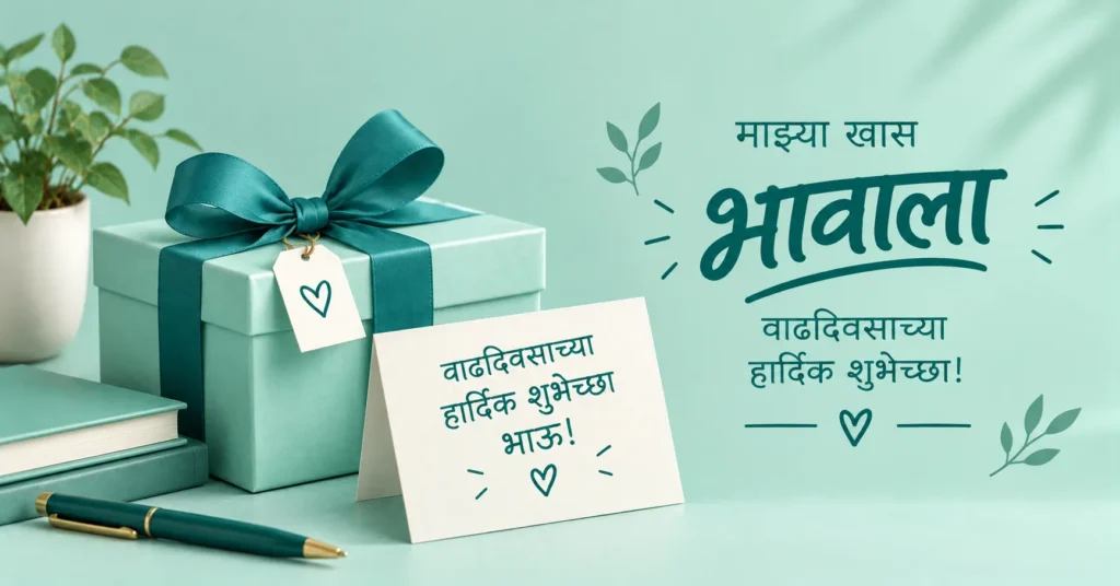 Marathi birthday wishes for brother featuring an elegant gift box, greeting card, and soft mint-teal birthday theme.