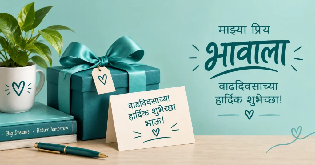 Marathi birthday wishes for brother with a stylish birthday gift, plant, greeting card, and simple modern celebration design.