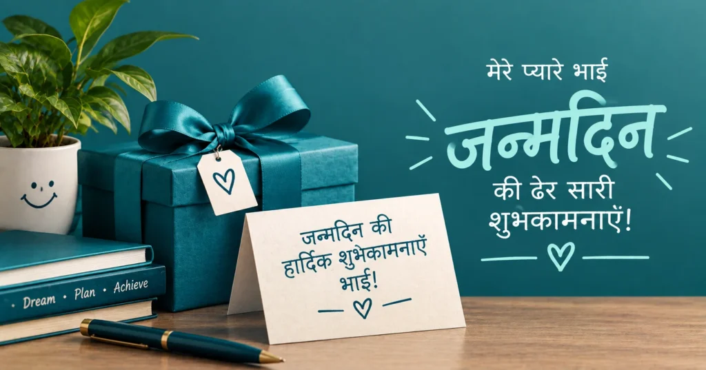 Hindi birthday wishes for brother featuring an elegant gift box, greeting card, and teal birthday theme.