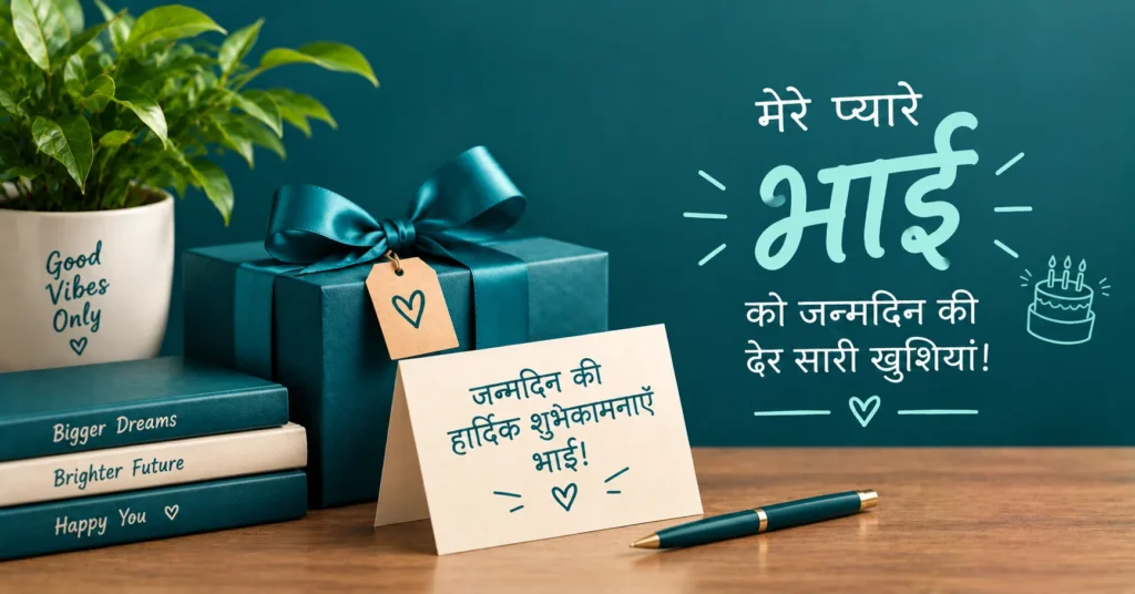 Hindi birthday wishes for brother with a stylish gift box, birthday cake, plant, and heartfelt greeting.