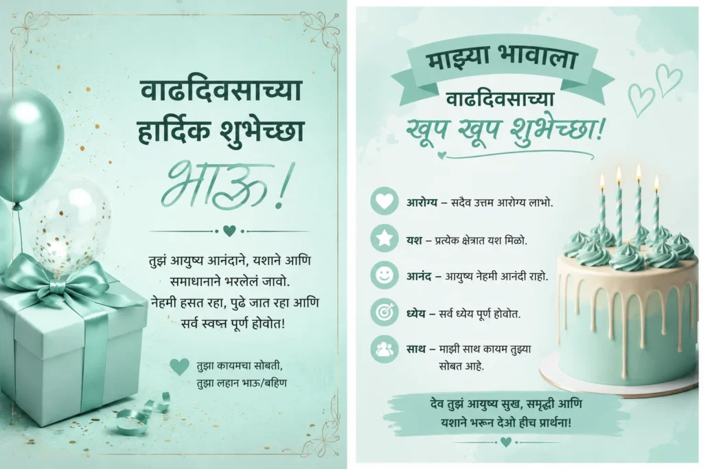 Birthday wishes for brother in Marathi with mint green balloon, gift box, flowers, and heartfelt birthday message.