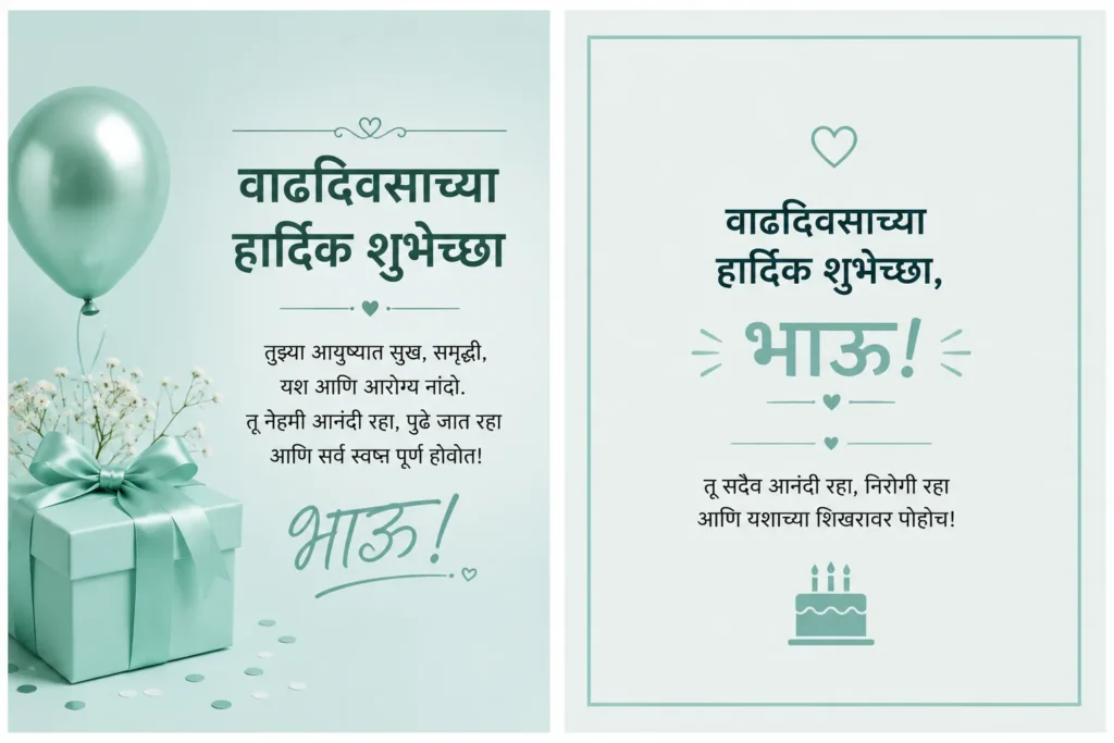 Simple Marathi birthday wishes for brother featuring a clean mint design, heart icons, and a small birthday cake.