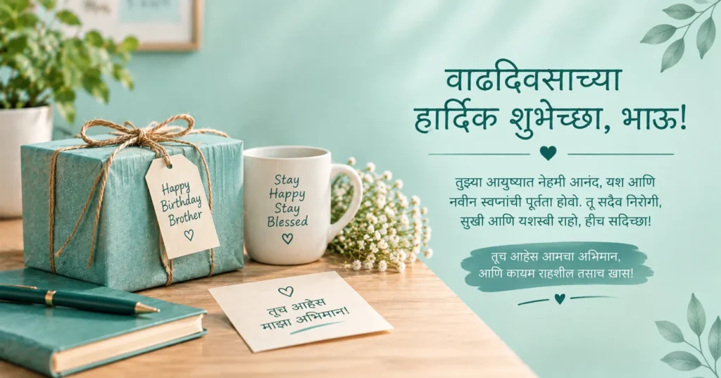 Birthday wishes for brother in Marathi with elegant gift box and heartfelt Marathi greeting