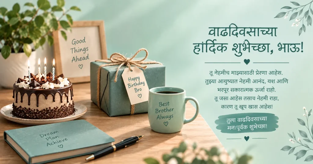 Marathi birthday wishes for brother with birthday cake, gift, mug, flowers, and warm message