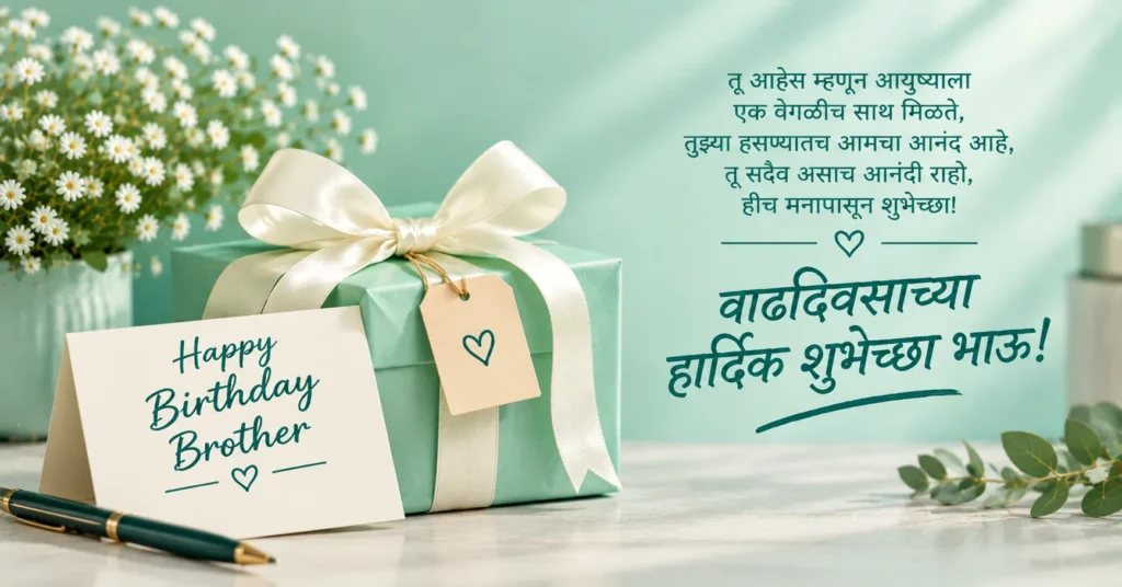 Mint birthday gift with Marathi wishes for brother and elegant floral decor.