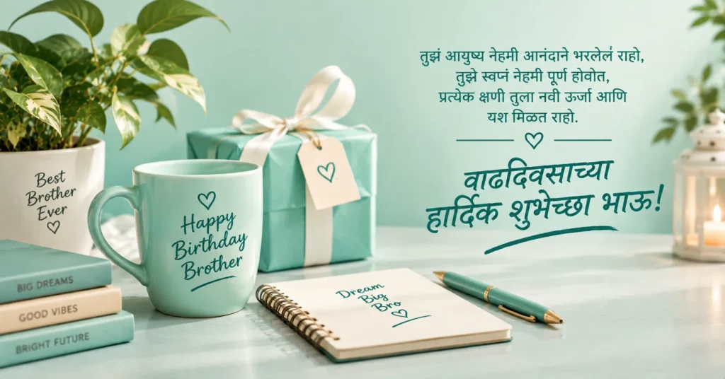 Mint birthday setup with gift, mug, books, candle, and Marathi wishes for brother.