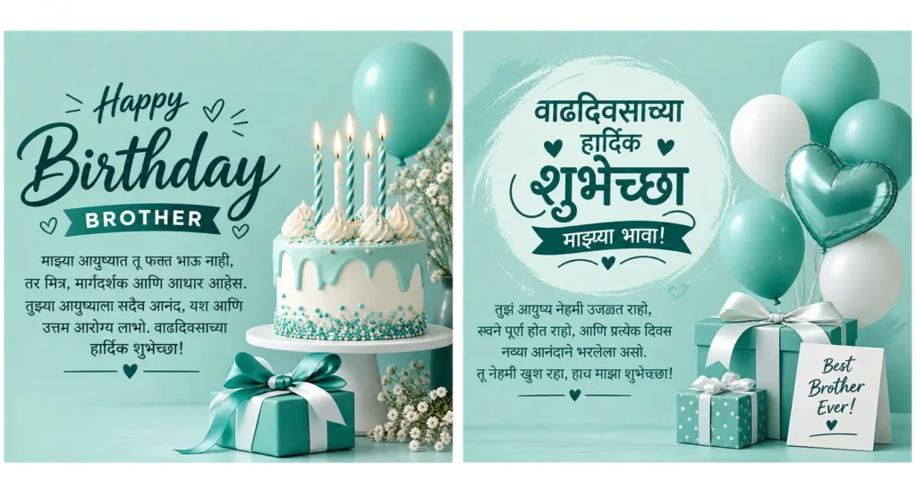 Marathi birthday wishes for brother with cake, balloons, and gifts.