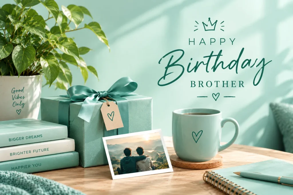 Elegant brother birthday setup with a gift, mug, plants, books, and brother photo.