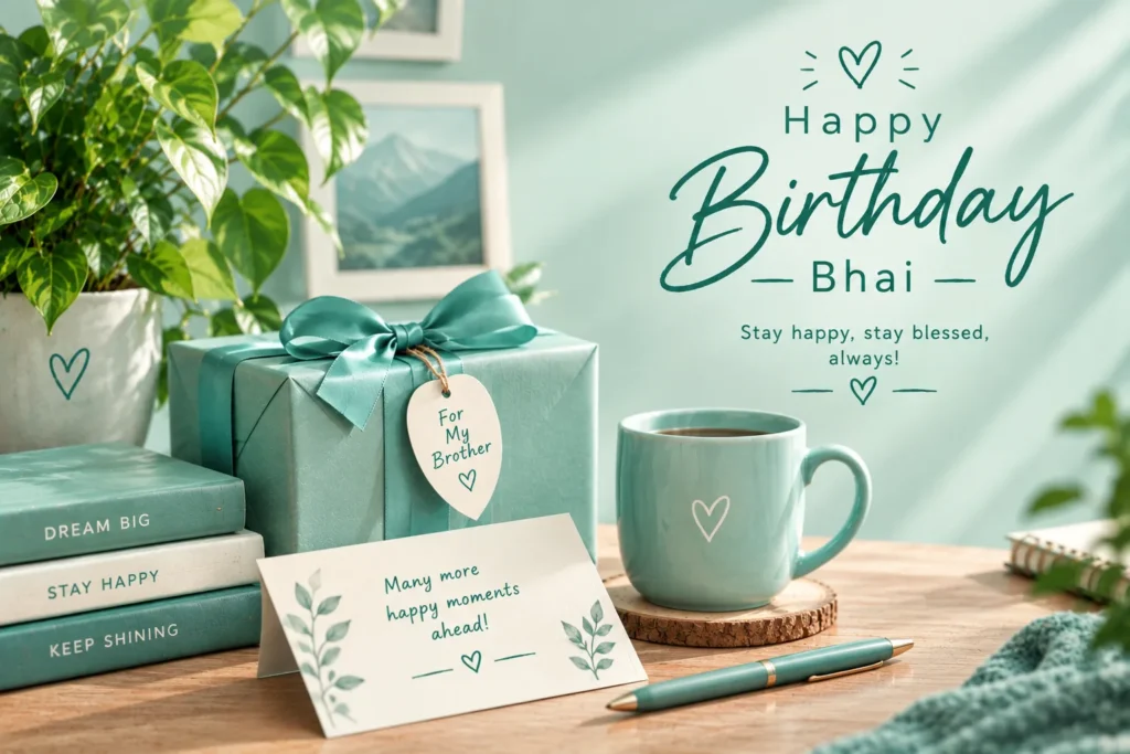 Elegant brother birthday setup with a mint gift, books, mug, plants, and birthday wishes.