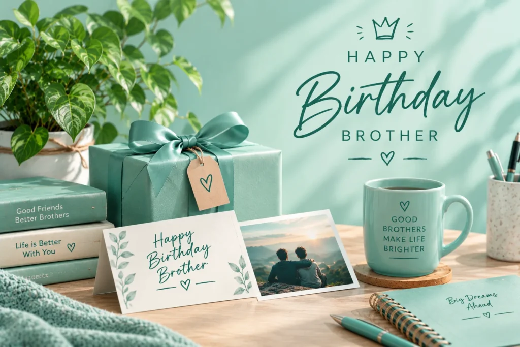 Premium brother birthday scene with a wrapped gift, brother photo, books, mug, and mint decor.