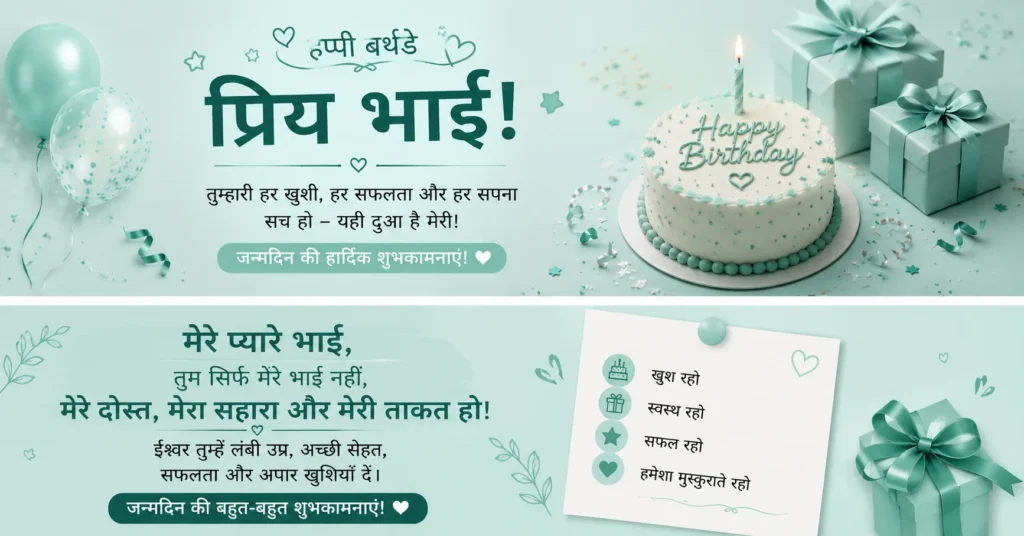 Brother birthday wishes in Hindi with birthday cake, gifts and balloons