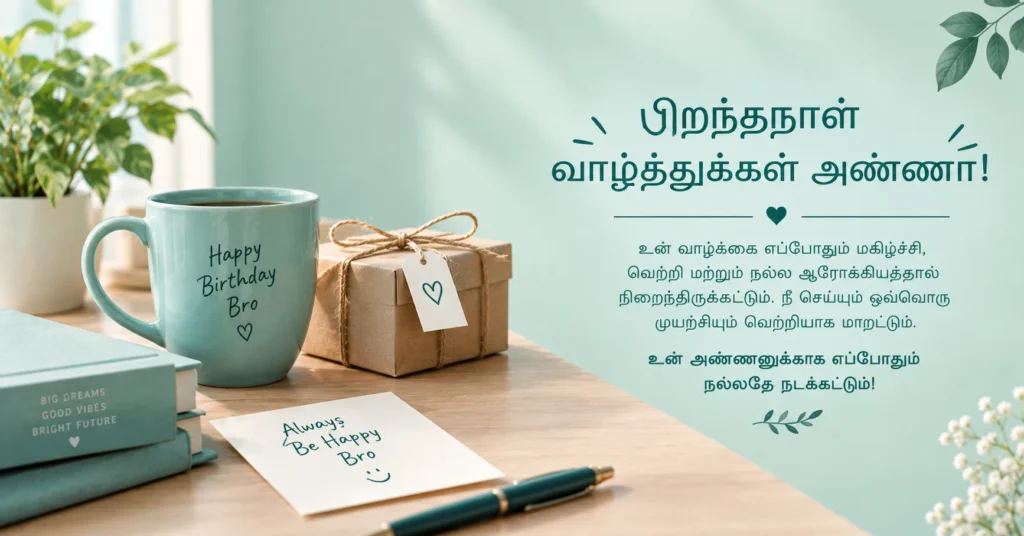 Tamil birthday wishes for brother with birthday mug, gift, flowers, and warm greeting message