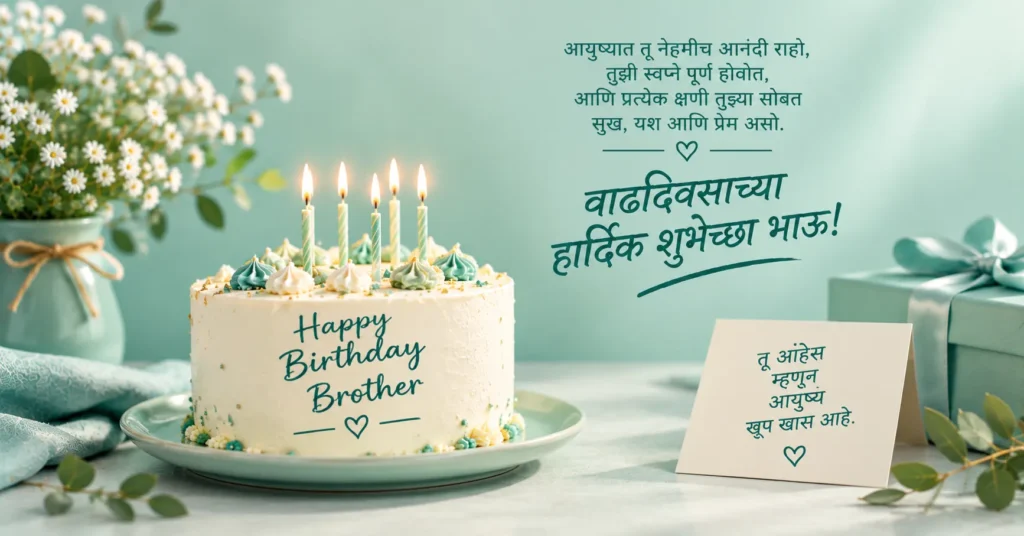 Elegant birthday cake with Marathi wishes and a gift for brother.