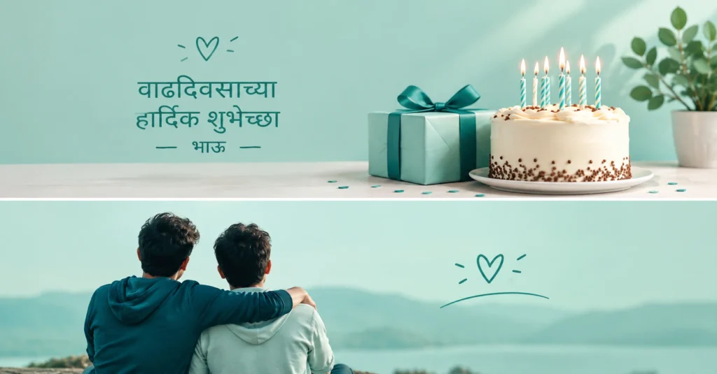 A soft mint and teal birthday celebration design featuring a birthday cake with lit candles, a wrapped gift box, green plant, and elegant Marathi text wishing a brother a happy birthday, with a warm, emotional and premium aesthetic.