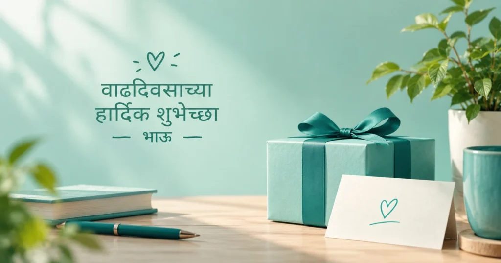 A minimalist mint and teal birthday scene featuring a wrapped gift box, greeting card with a heart, books, pen, ceramic mug, and green plant on a sunlit wooden table, with Marathi birthday wishes for a brother in an elegant and peaceful style.
