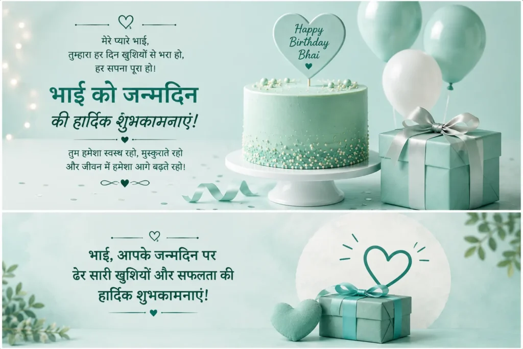 Heart touching Hindi birthday wishes for brother with cake, gift, and hearts.