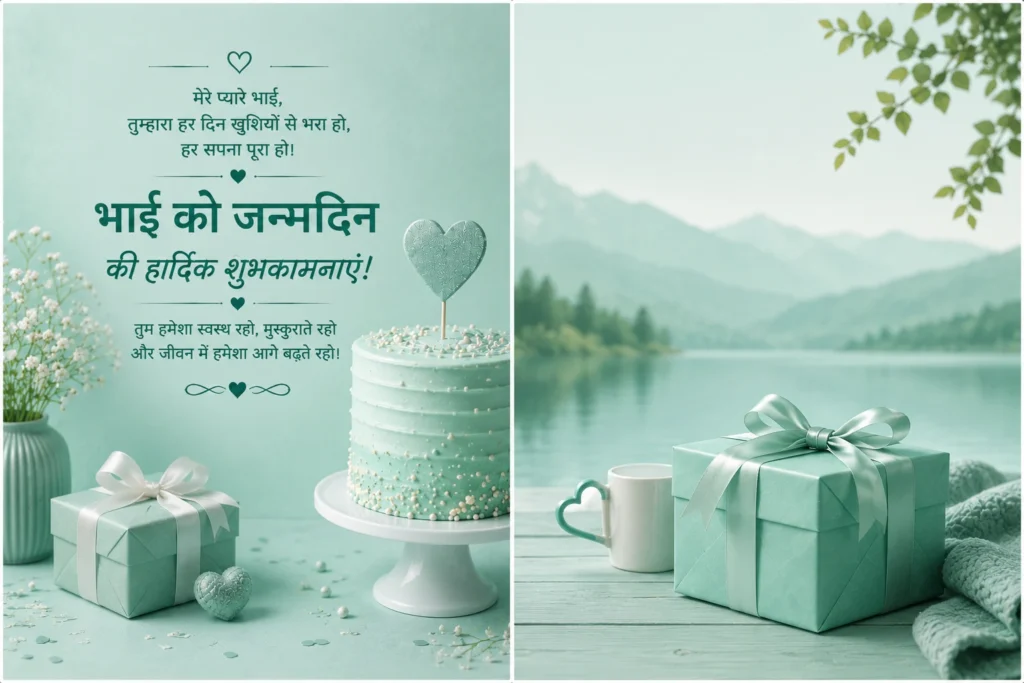 Text-free birthday scene with a mint gift box, mug, and peaceful lake.