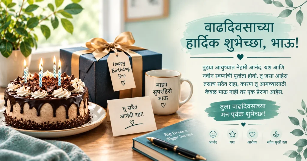 Happy birthday wishes for brother in Marathi with birthday cake, gift box, mug, flowers, and heartfelt Marathi message