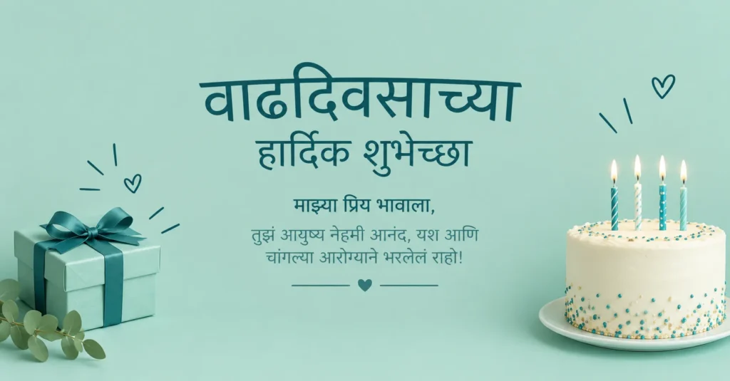 Happy birthday wishes for brother in Marathi with birthday cake and gift on a soft mint background.