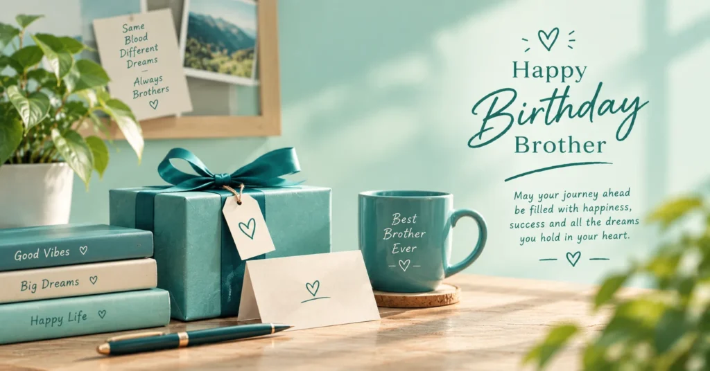 Elegant brother birthday setup with a gift, mug, books, card, and teal decor.