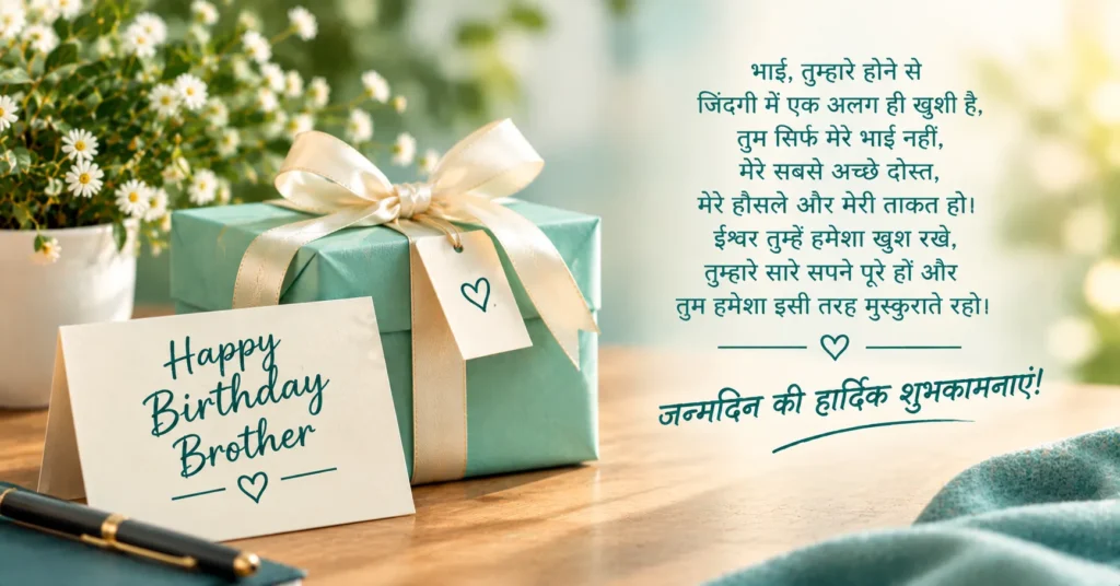 Heart touching Hindi birthday wishes for brother with an elegant gift and floral setup.