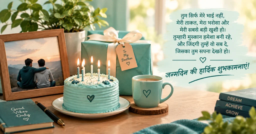 Emotional Hindi birthday wishes for brother with cake, gift, coffee mug, and brotherhood photo.