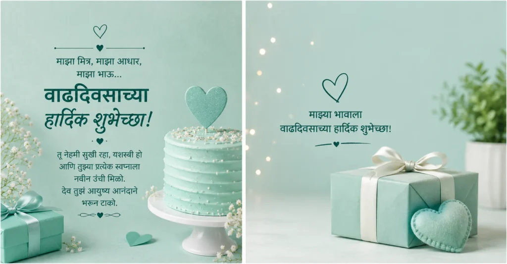 Minimal Marathi birthday greeting for brother with a heart and gift box.