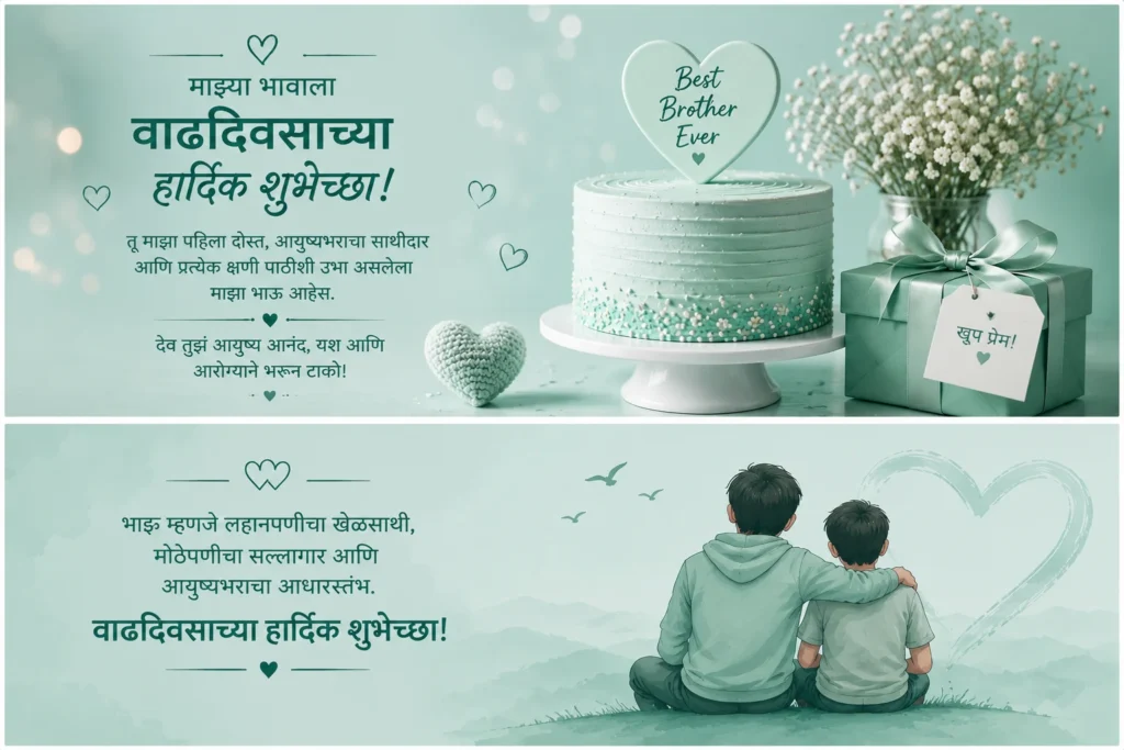 Heart touching Marathi birthday wishes for brother with cake, gift, and hearts.