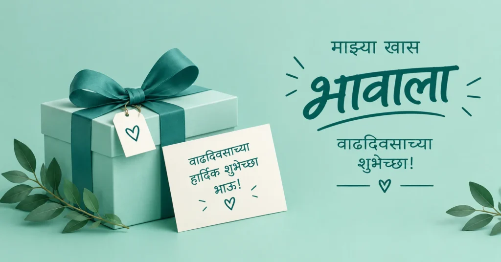 Marathi birthday wishes for brother with a pastel mint gift box and heartfelt greeting card.