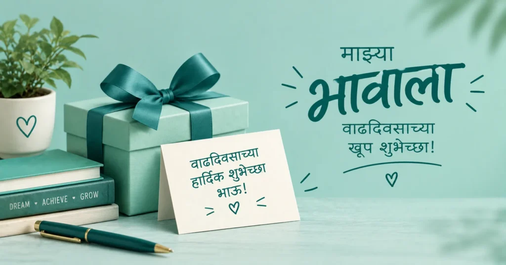Marathi birthday wishes for brother featuring a stylish gift box, books, plant, and elegant birthday message.
